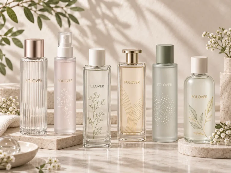 Glass toner-style bottles with controlled-flow closures for treatment essences and lightweight skincare waters