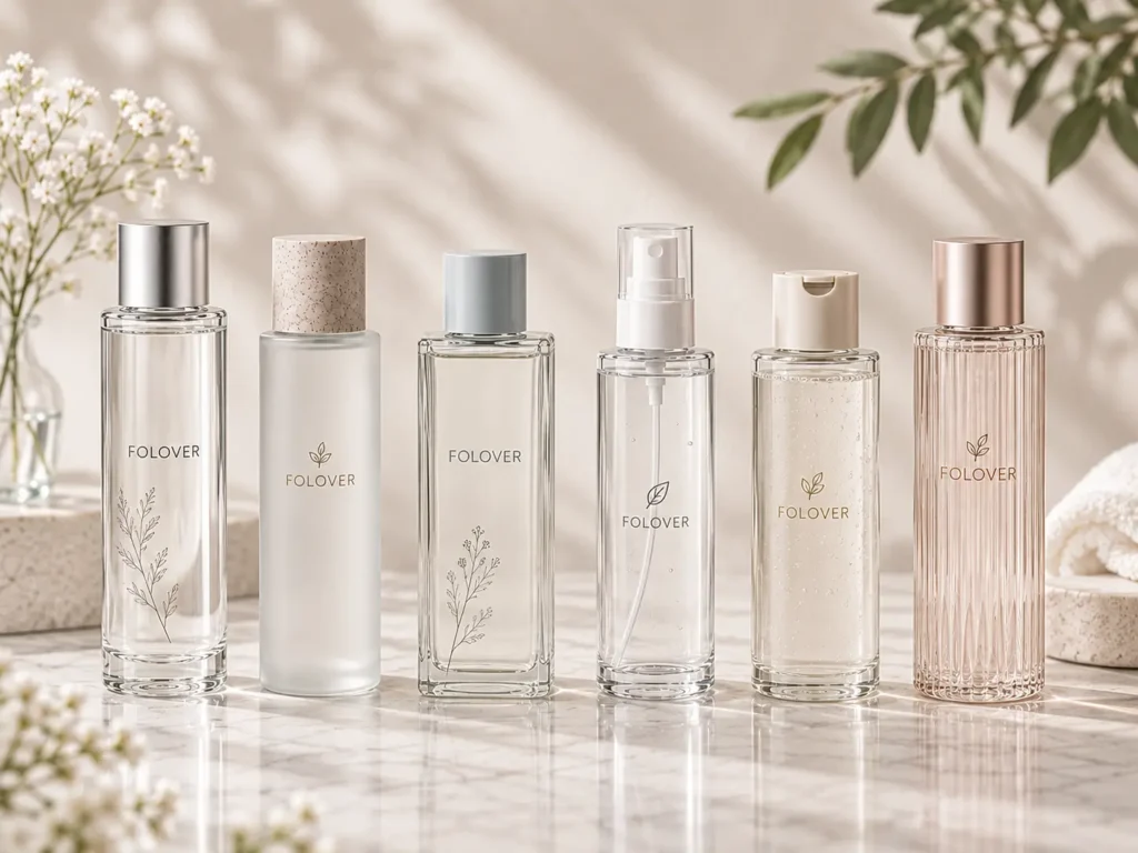 Glass toner bottles with caps and controlled dispensing for facial toners and balancing skincare waters