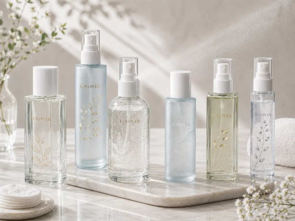 Glass toner spray bottles with fine mist sprayers for hydrating toners and facial mist skincare packaging