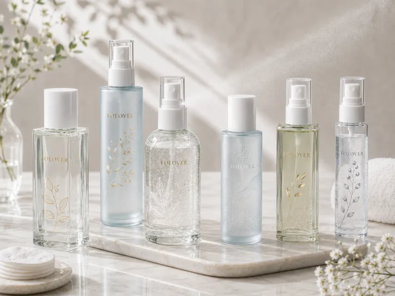 Glass toner spray bottles with fine mist sprayers for hydrating toners and facial mist skincare packaging