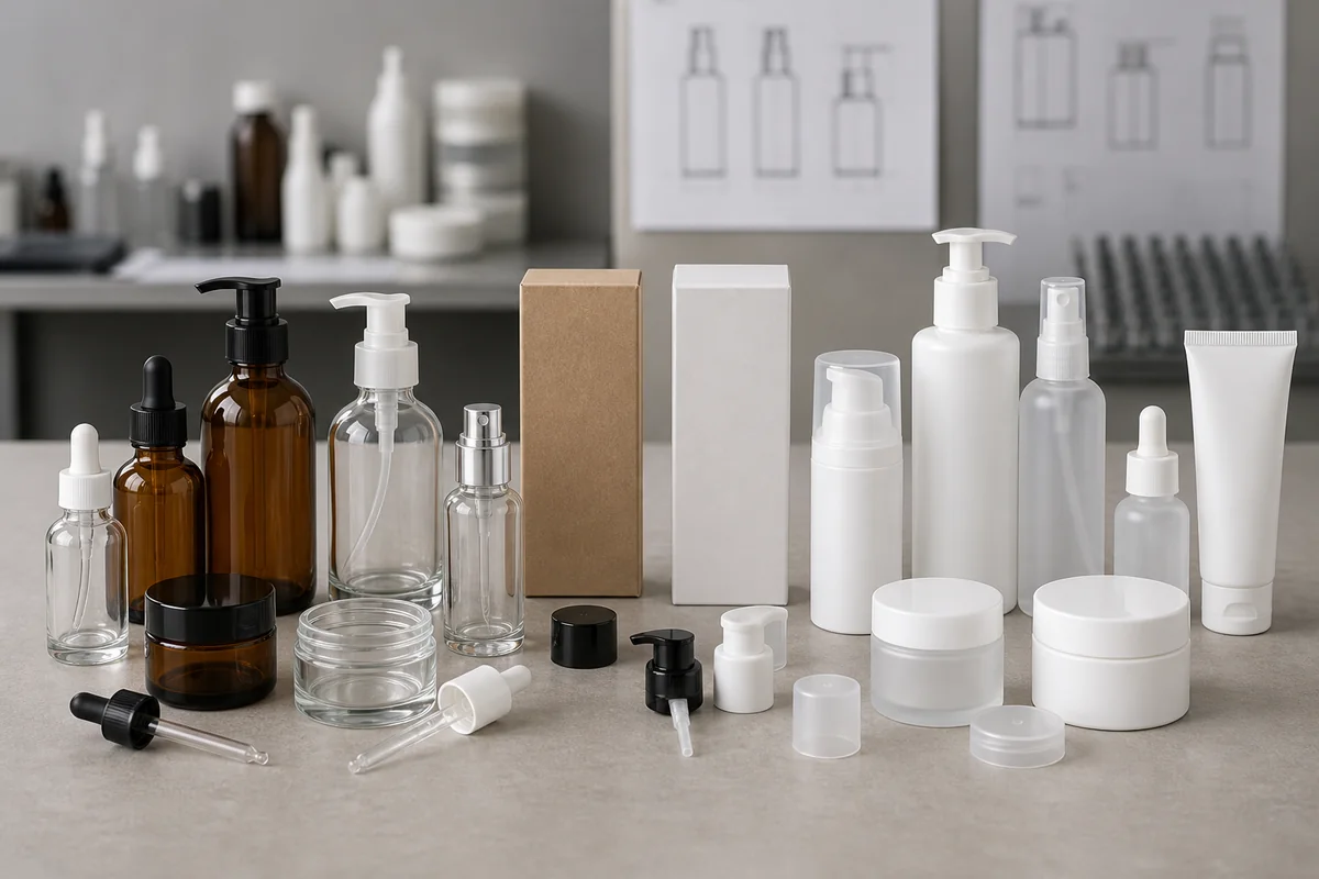 Glass and plastic cosmetic packaging systems arranged for a balanced material comparison