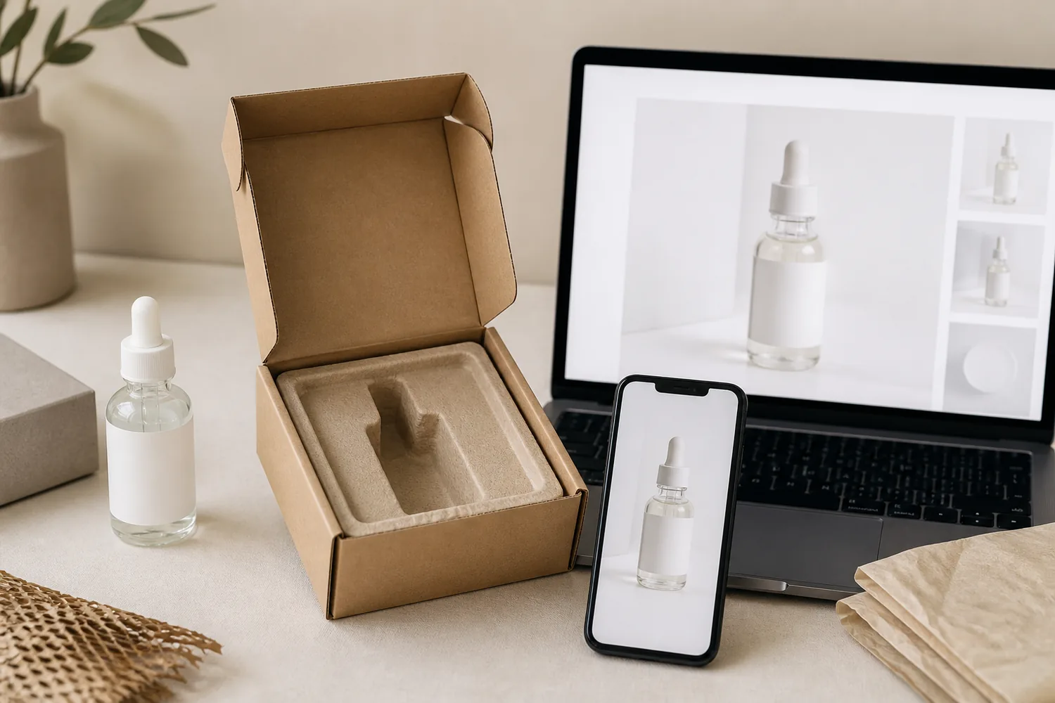 Cosmetic bottle parcel laptop and phone representing e-commerce packaging design