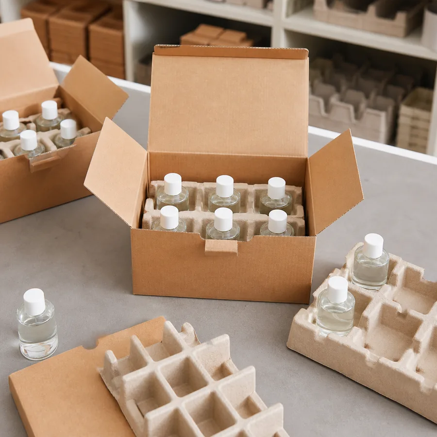 Cutii compacte de carton și separatoare din fibre modelate aranjate împreună cu flacoane din sticlă cosmetică pentru validarea ambalării