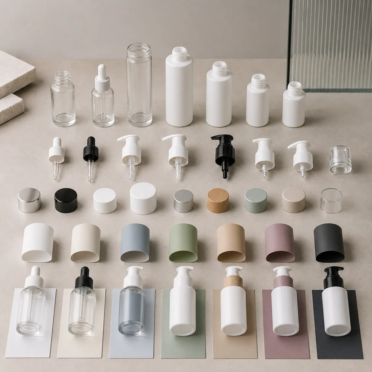 Shared bottles pumps droppers caps and sleeves organized into modular cosmetic packaging configurations