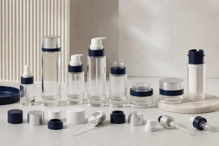 Coherent cosmetic bottle family with controlled pumps droppers caps and cartridges