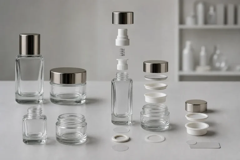 Cosmetic glass packaging assembled and separated into different material components