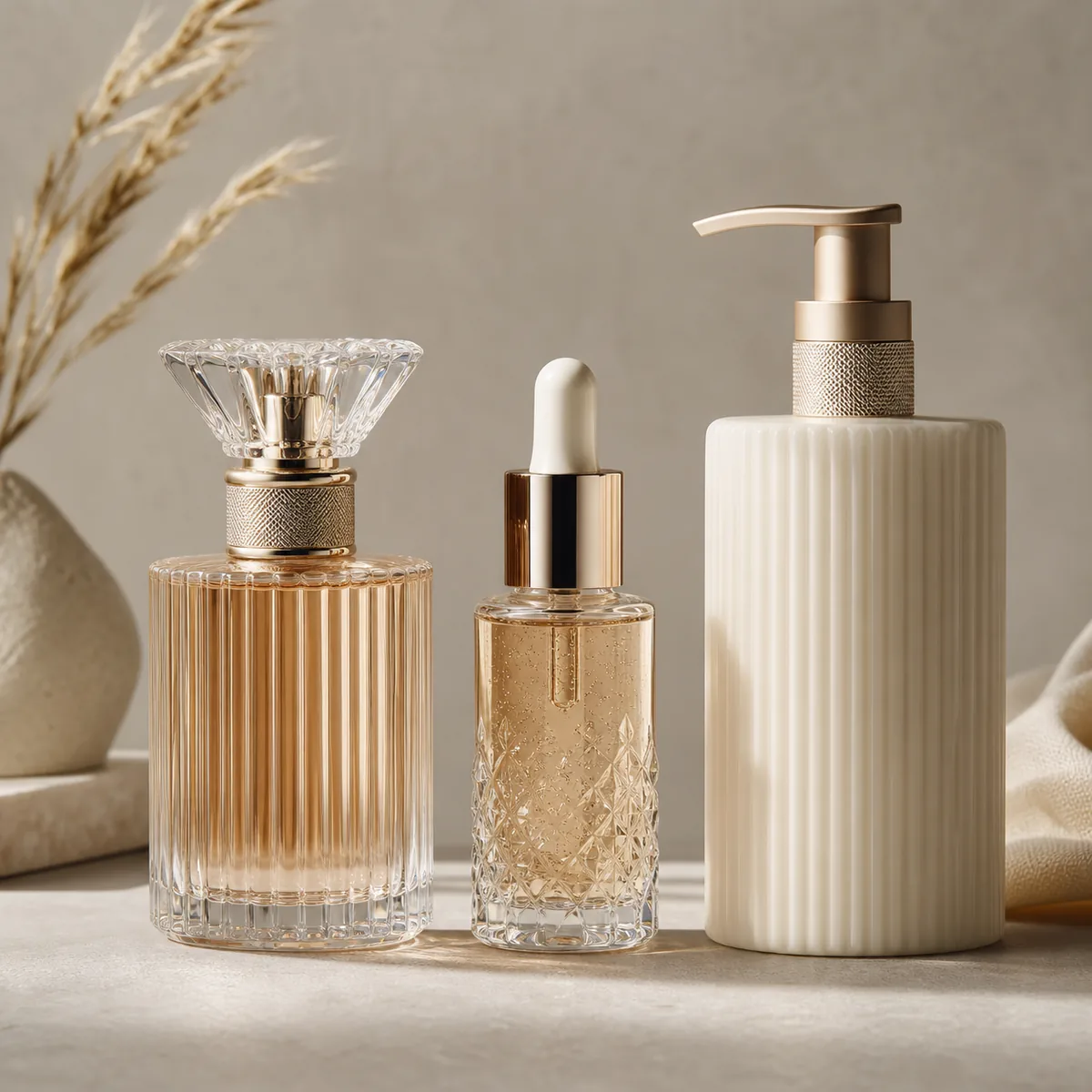 Opakowania perfum, serum i balsamów wykorzystujące różne premium wskazówki projektowe