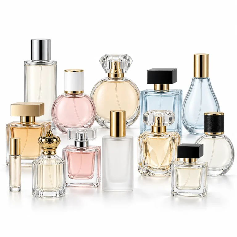 Private-label fragrance packaging collection with round, square and decorative glass perfume bottles and coordinated caps by FOLOVER PACK