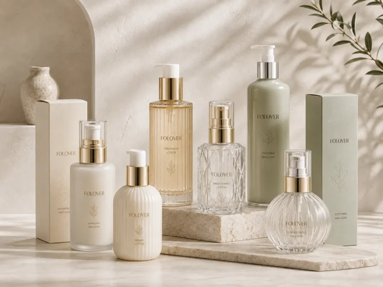 Custom glass lotion bottles with pumps, frosted finishes and decoration options for private-label skincare packaging