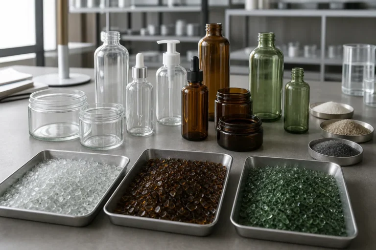 Cosmetic glass bottles shown with color-sorted cullet and production material samples