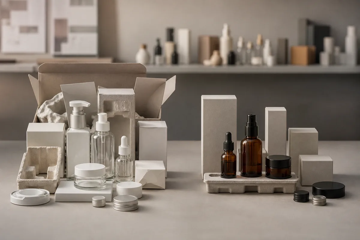 Ambalaj cosmetic din sticlă aranjat ca sistem optimizat, eficient din punct de vedere al materialului