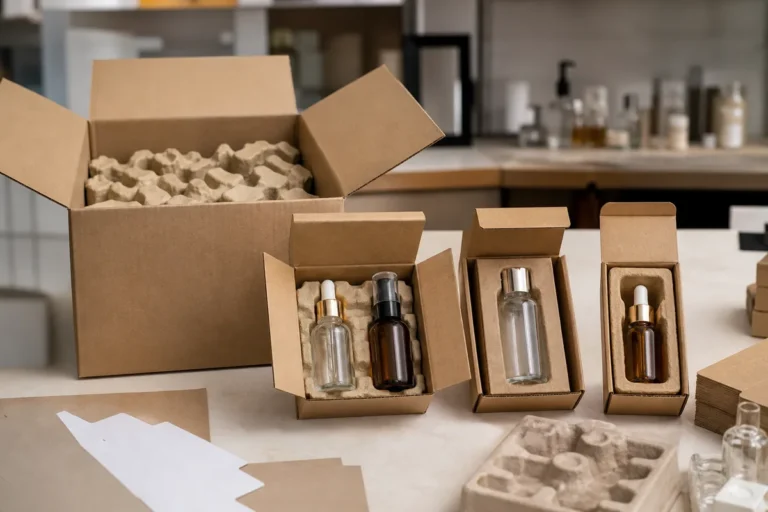 Cosmetic glass bottles arranged with right-sized cartons and protective fiber inserts