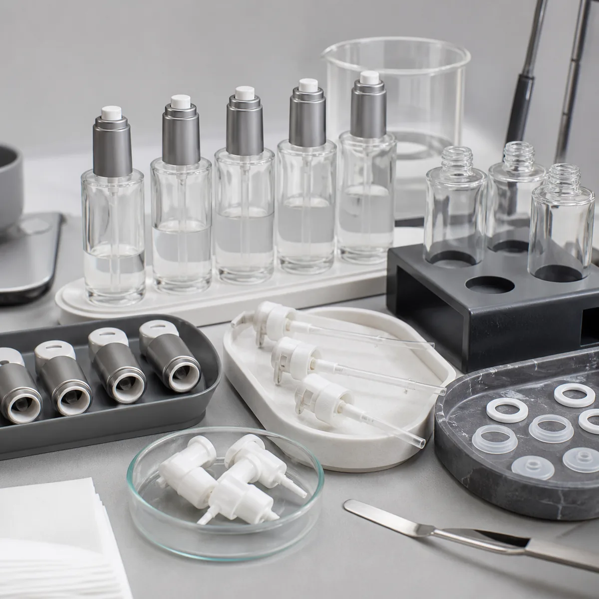 Ispezione per l'uso ripetuto di bottiglie cosmetiche in vetro, pompe e guarnizioni