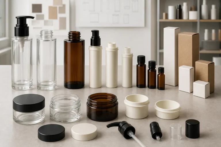 Refillable cosmetic glass packaging shown with cartridges pumps caps and refill cartons
