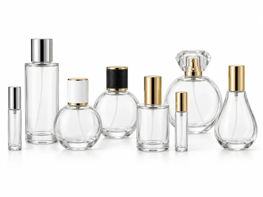 Round perfume bottles in 10ml, 15ml, 30ml, 50ml and 100ml glass styles with crimp sprayers and decorative caps by FOLOVER PACK