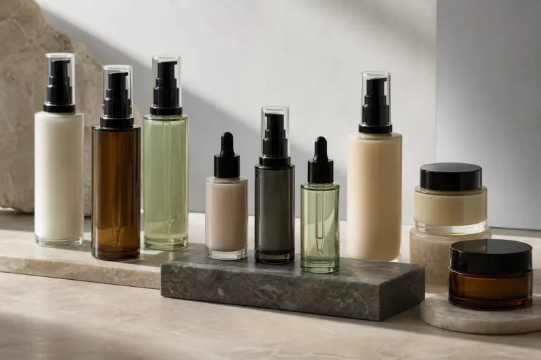 Coherent family of cosmetic glass bottles and jars using a shared packaging architecture