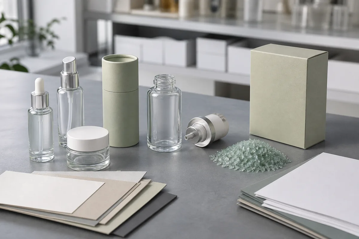 Cosmetic packaging materials and components arranged for evidence-based environmental claim review