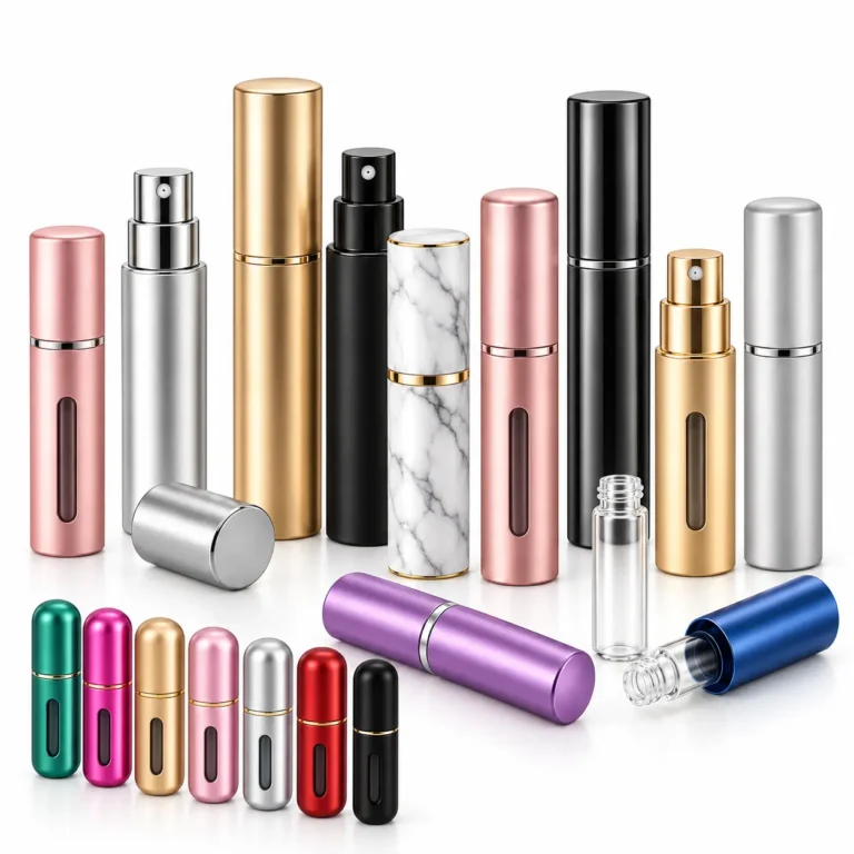 Travel and refillable perfume atomizers in compact cylindrical, twist-up, bottom-fill and marble-pattern designs by FOLOVER PACK