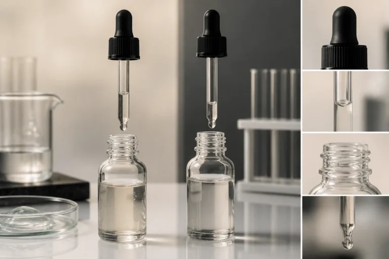 A serum dropper with a realistic partial liquid column above an unbranded glass bottle.