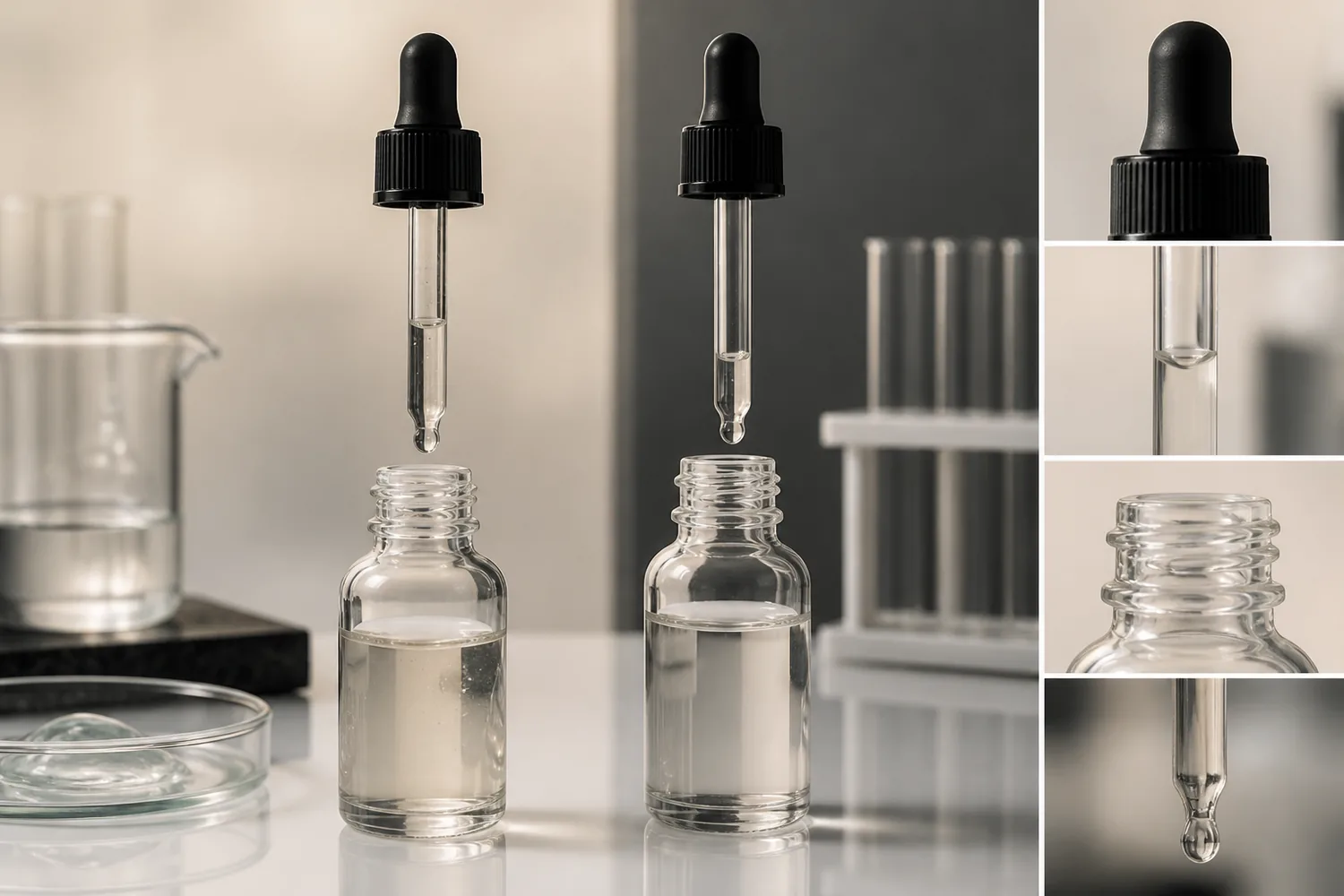 A serum dropper with a realistic partial liquid column above an unbranded glass bottle.
