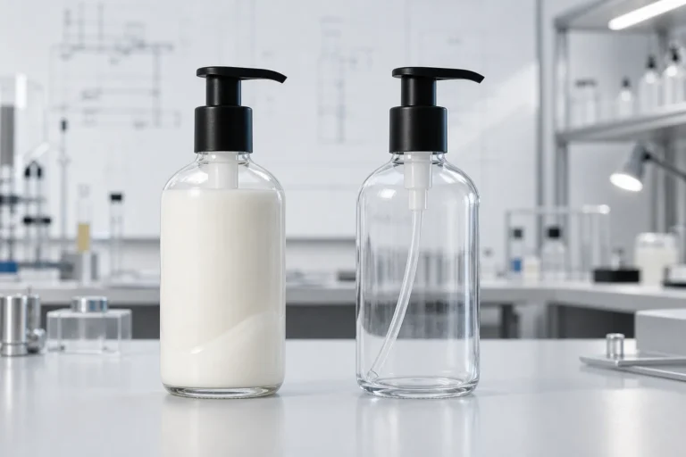 Glass lotion pump bottle showing remaining product and dip-tube position during low-fill evaluation.