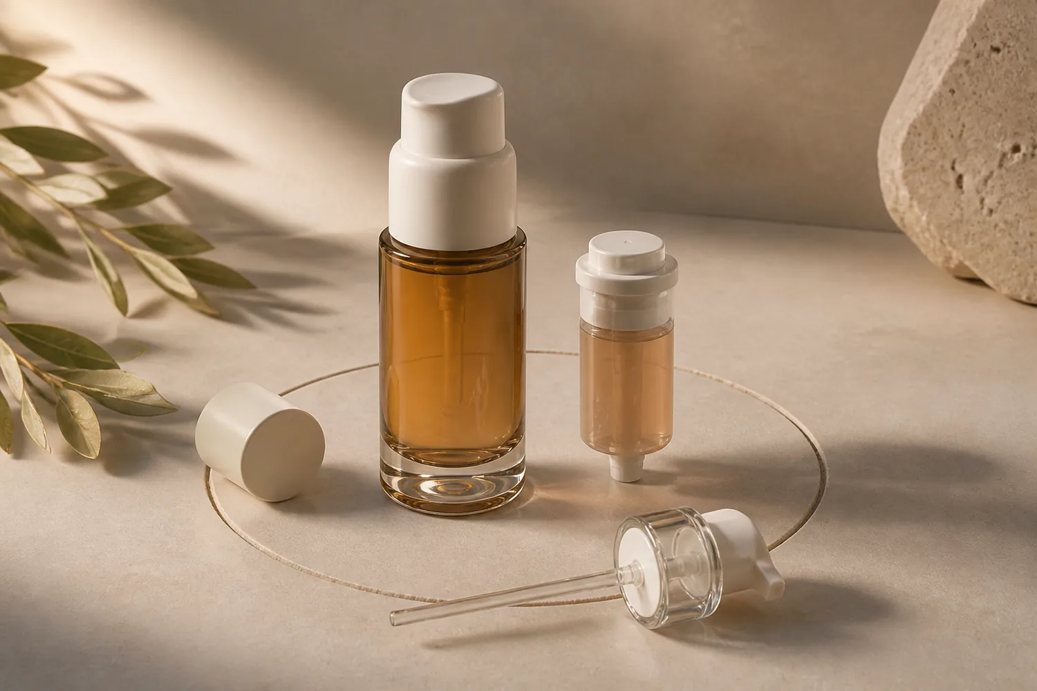 Sistema di packaging beauty ricaricabile con una bottiglia in vetro durevole e componenti di ricarica
